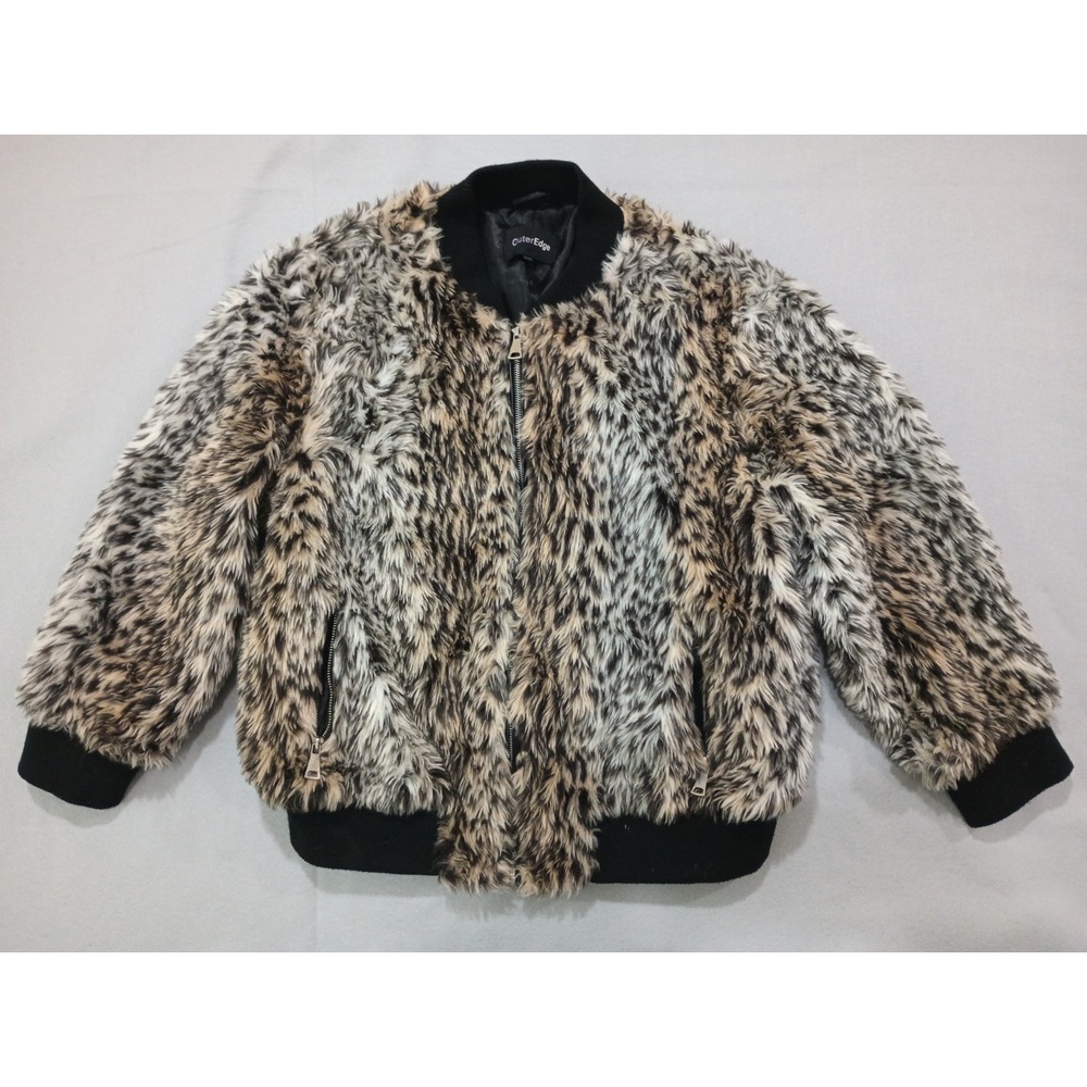 Outer Edge Faux Fur Bomber Jacket Womens 3XL Plus Black Animal Print Zip Up